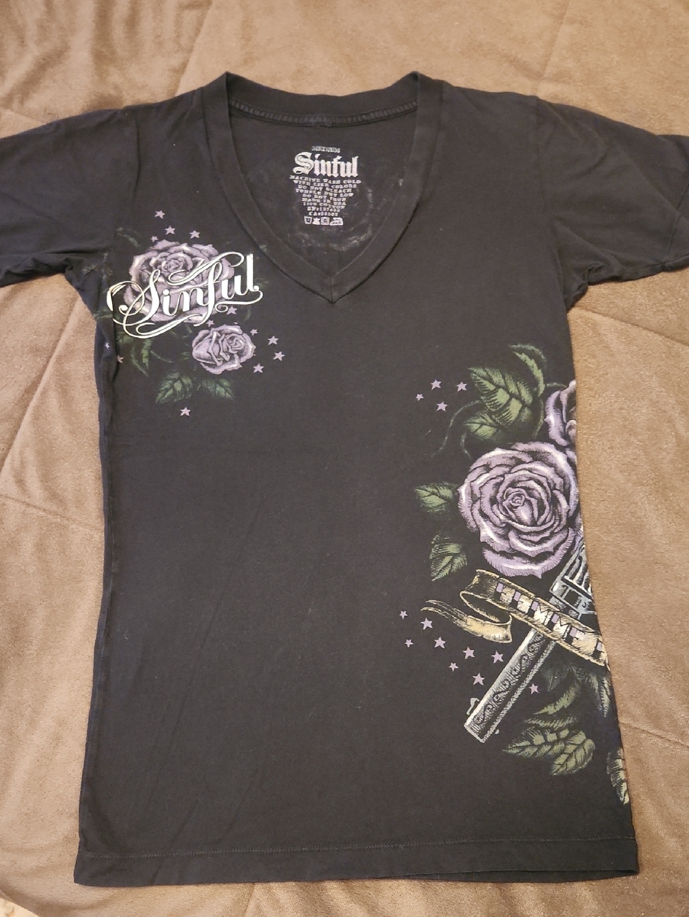 Sinful Black Tee with Purple Rose and Script Logo
